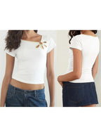 Nostalgic Streetwear Tee With Hollow Flower Cutout Slim Fit Half Sleeve For Women