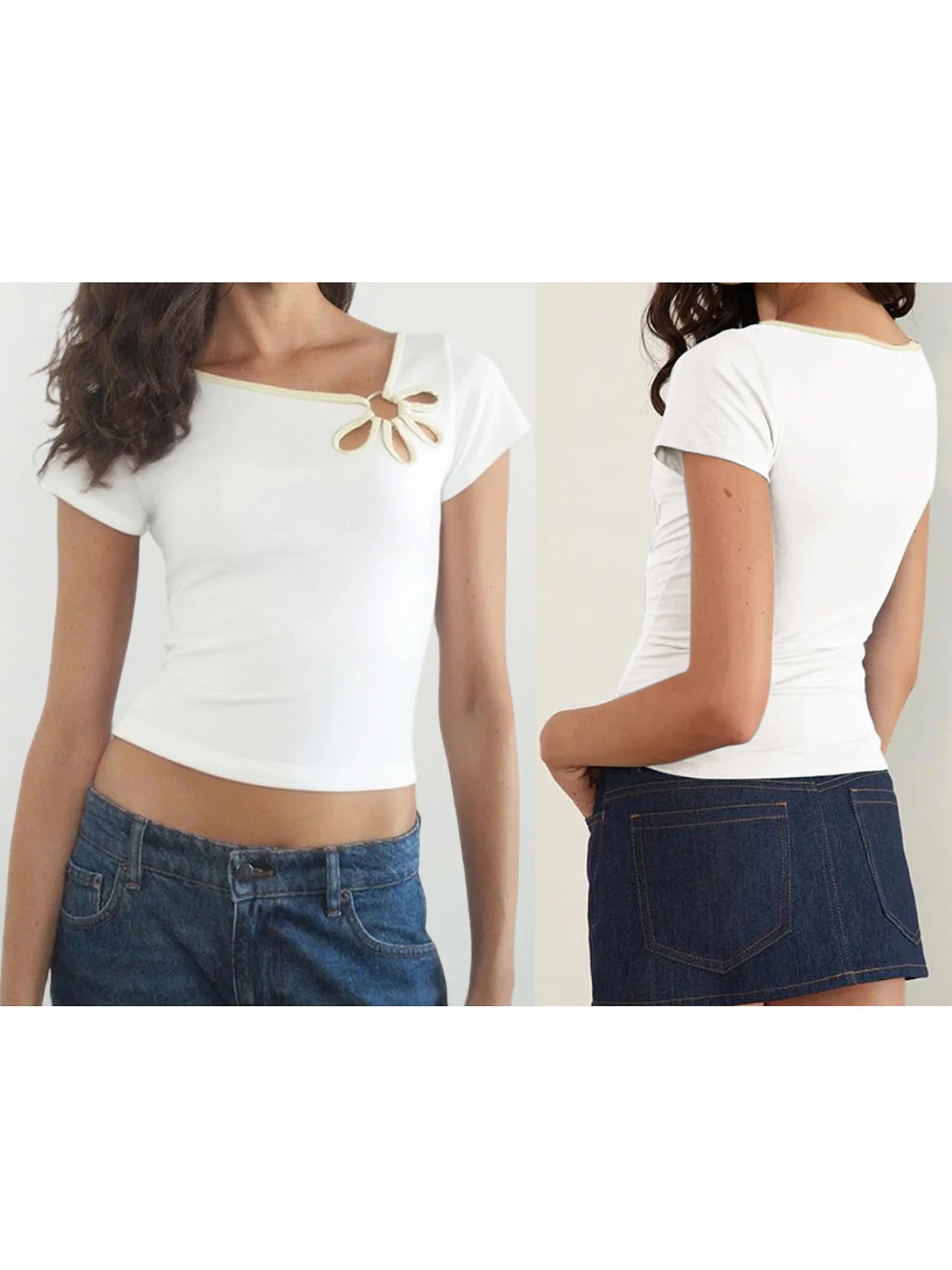 Nostalgic Streetwear Tee With Hollow Flower Cutout Slim Fit Half Sleeve For Women