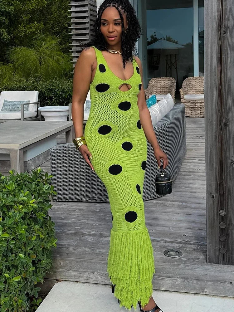 Midnight Sleeveless Knit Maxi Dress With Hollow Dot Tassel Hem