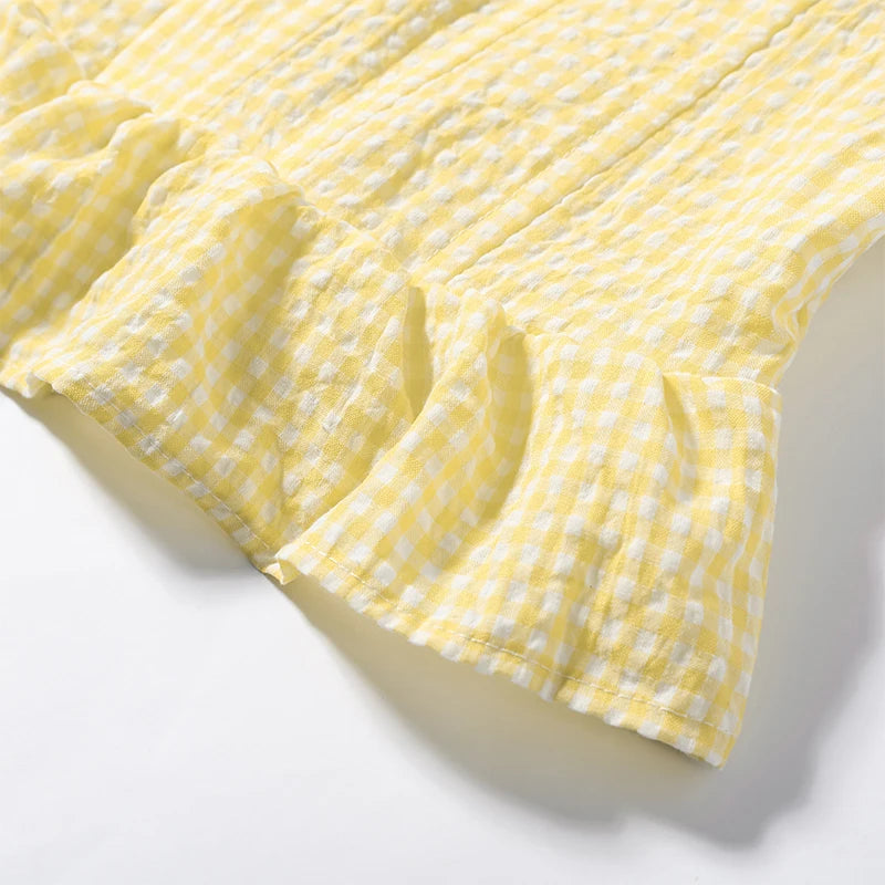 Sunny Plaid Sling Top With Ruffles V Neck Sleeveless