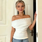 Women's Off Shoulder Sexy White Ruched Backless Tops
