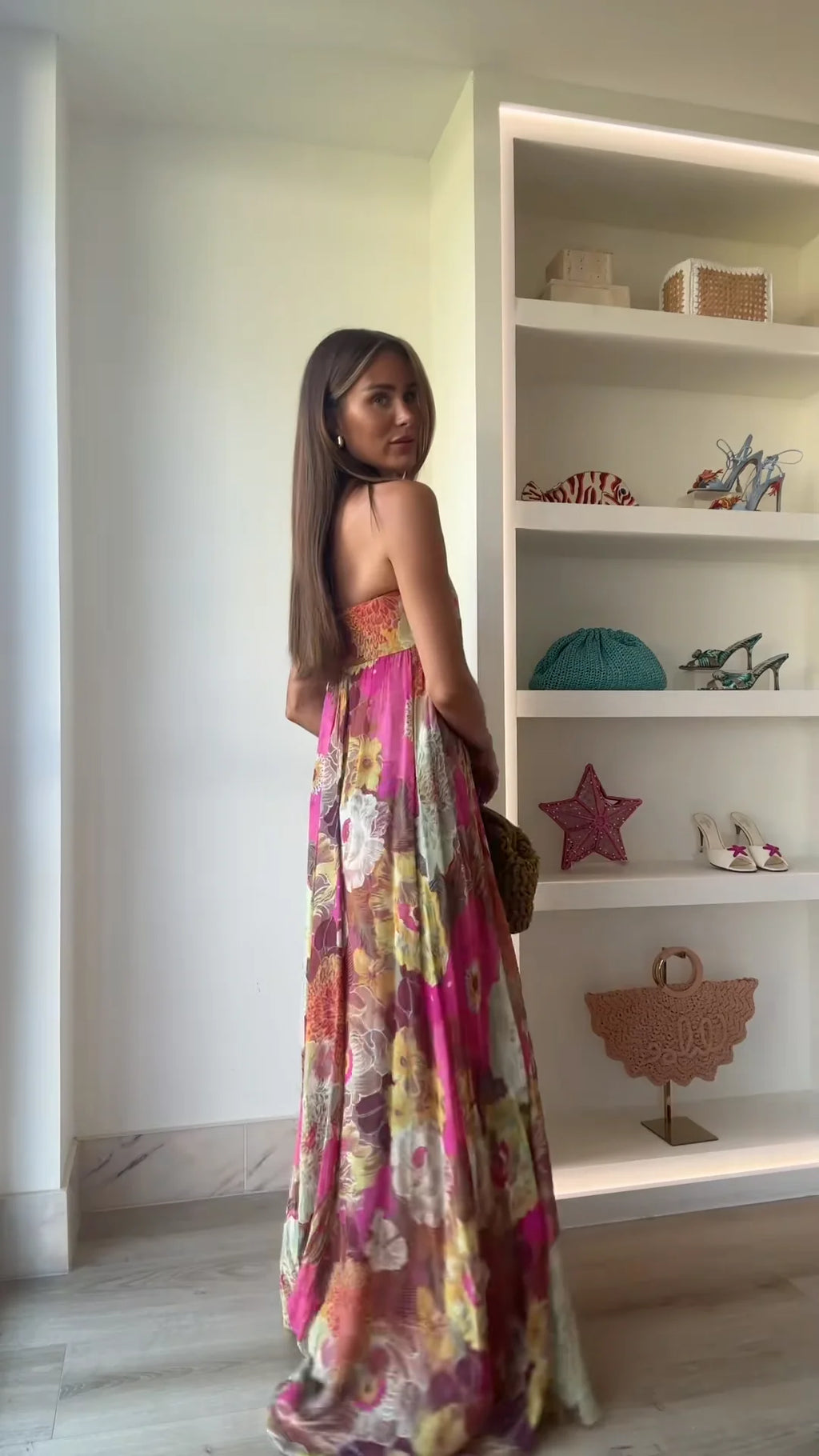 Printed Strapless Maxi Dress Elegant Off Shoulder Backless Gown High Waist