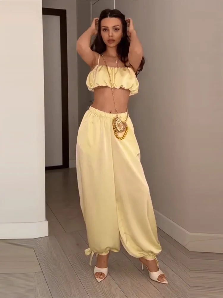 Women's Trousers 2 Pcs Suits Pleated Spaghetti Strap Cropped Tube Tops Elastic Waist Lace Up Pants