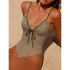 Striped Plaid V Neck  One Piece Swimsuit Female Frilled High Leg Cut Padded