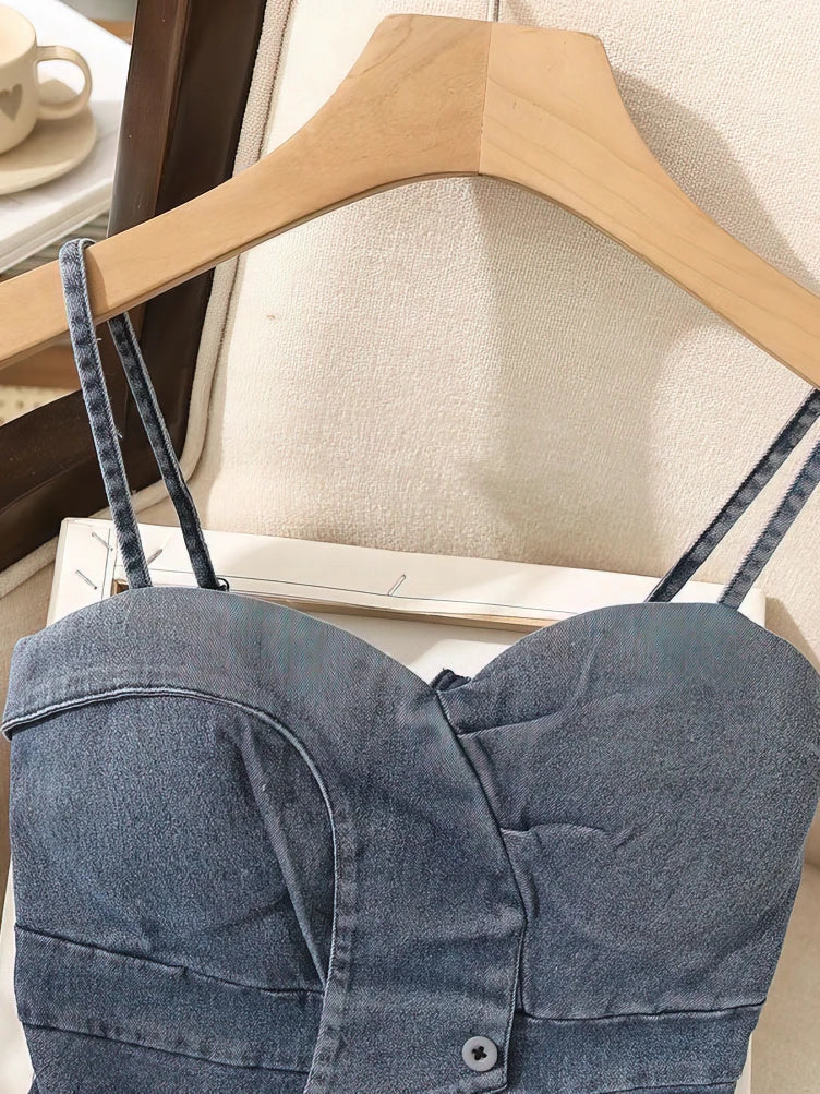 Denim Bustier Camisole Crop Top With Removable Strapless Corset