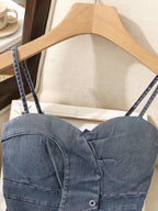 Denim Bustier Camisole Crop Top With Removable Strapless Corset