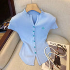 Luxe Knit Cropped Blouse V Neck Cardigan Slim Fit Top