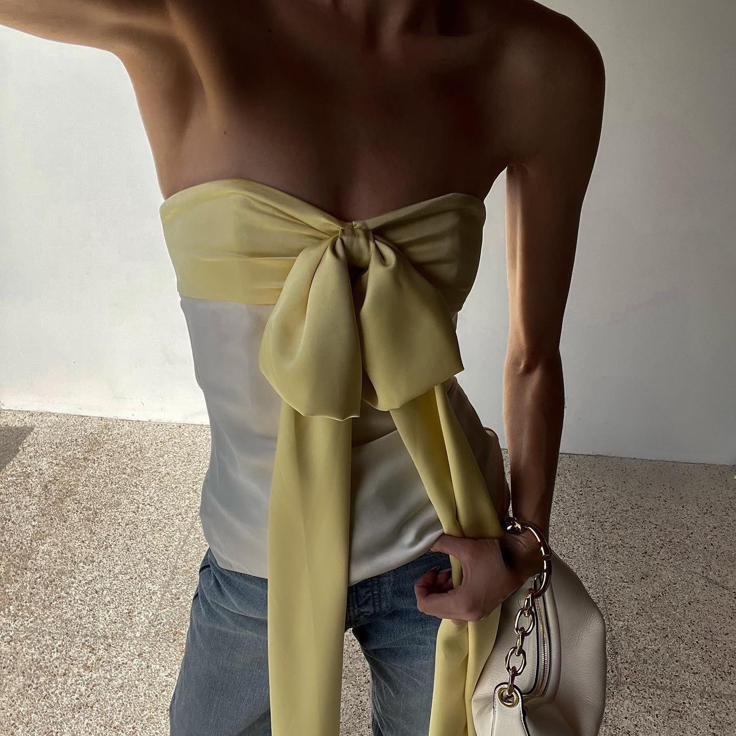 Satin Patchwork Bow Off Shoulder Tank Top Glam
