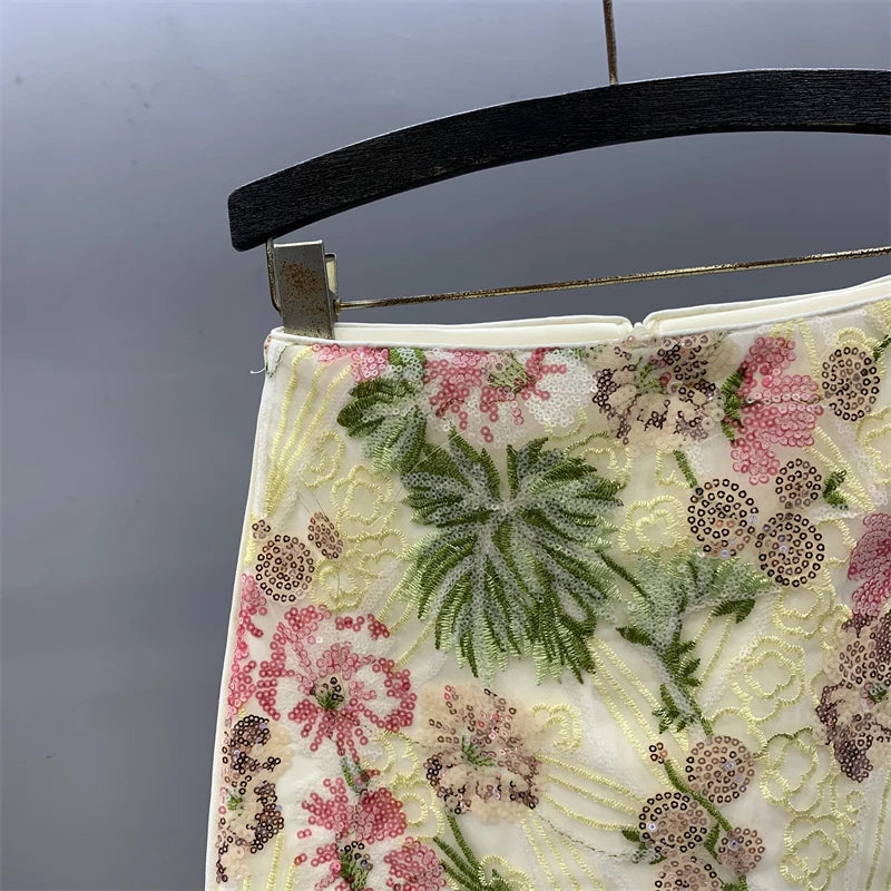 Floral Sequined Mini Skirt With High Waist Glam Inspired Retro Vibe