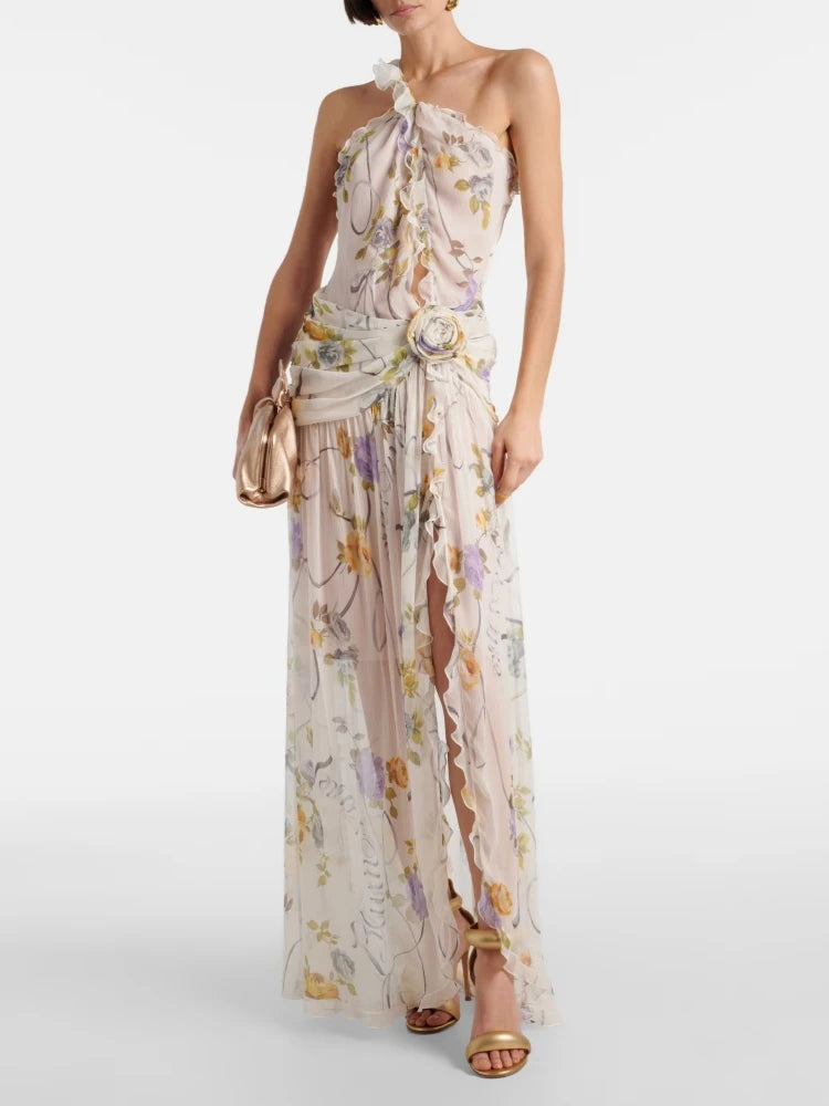 Flirty Floral Printed Off Shoulder Maxi Dress With Backless Detail And Ruffles