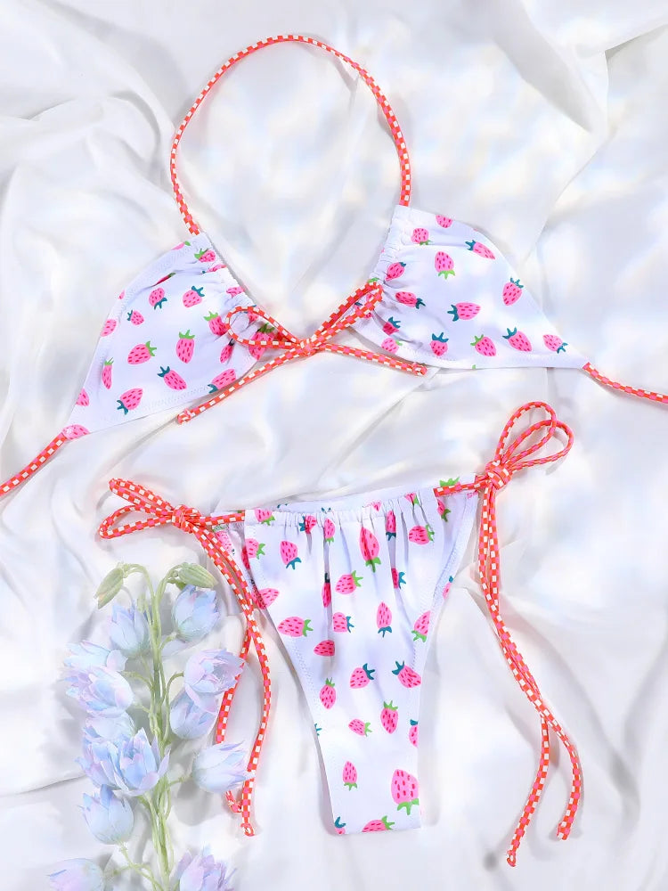 Floral Bow Pink Bikini Swimsuit For Women Low Waist Bandage Beachwear Chic Summer Bathing Suit