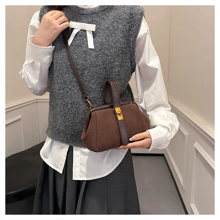 Luxe Faux Suede Frame Shoulder Bag With PU Accent Elegant Crossbody