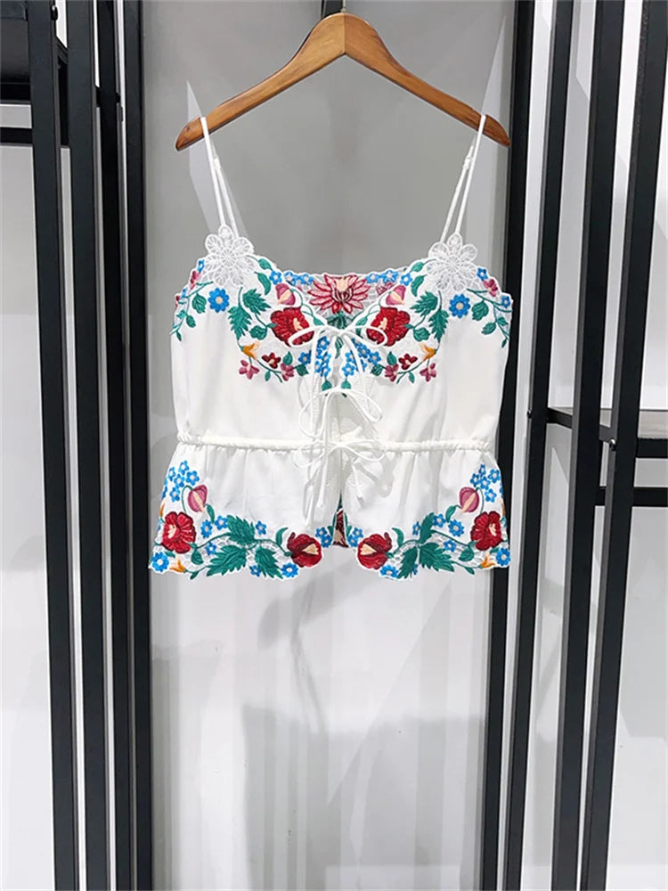 Romantic Floral Lace Embroidered Midi Set With Sleeveless Top And Side Slit Skirt