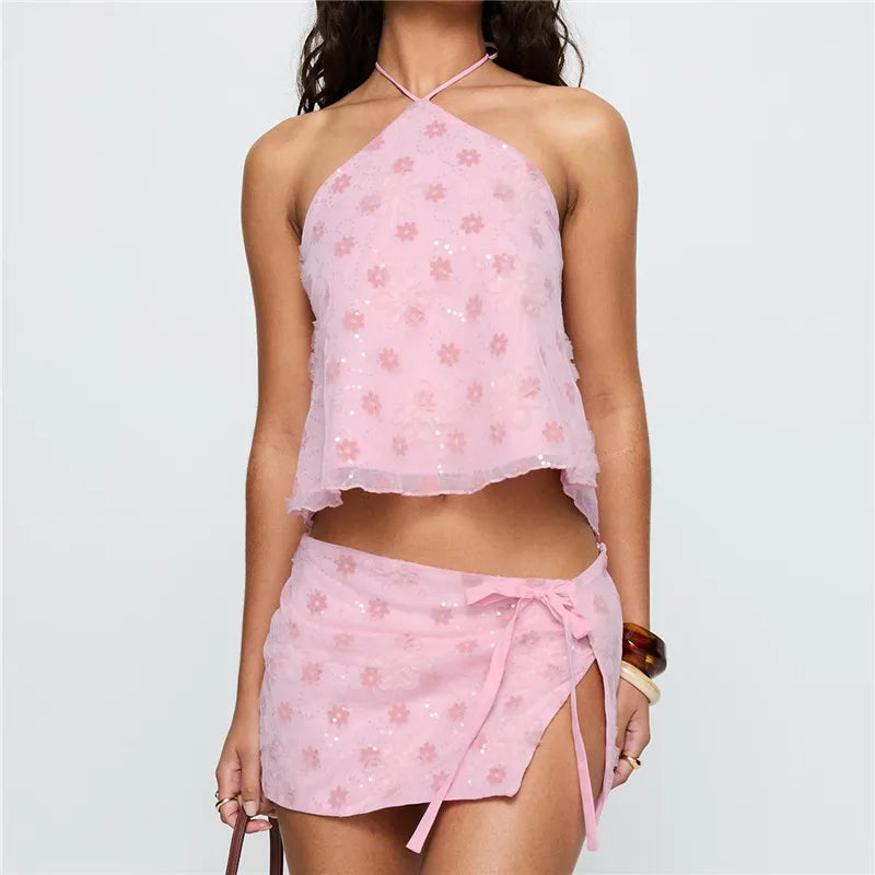 Sparkling Sequin Two Piece Set Sleeveless Top And Shimmer Mini Skirt