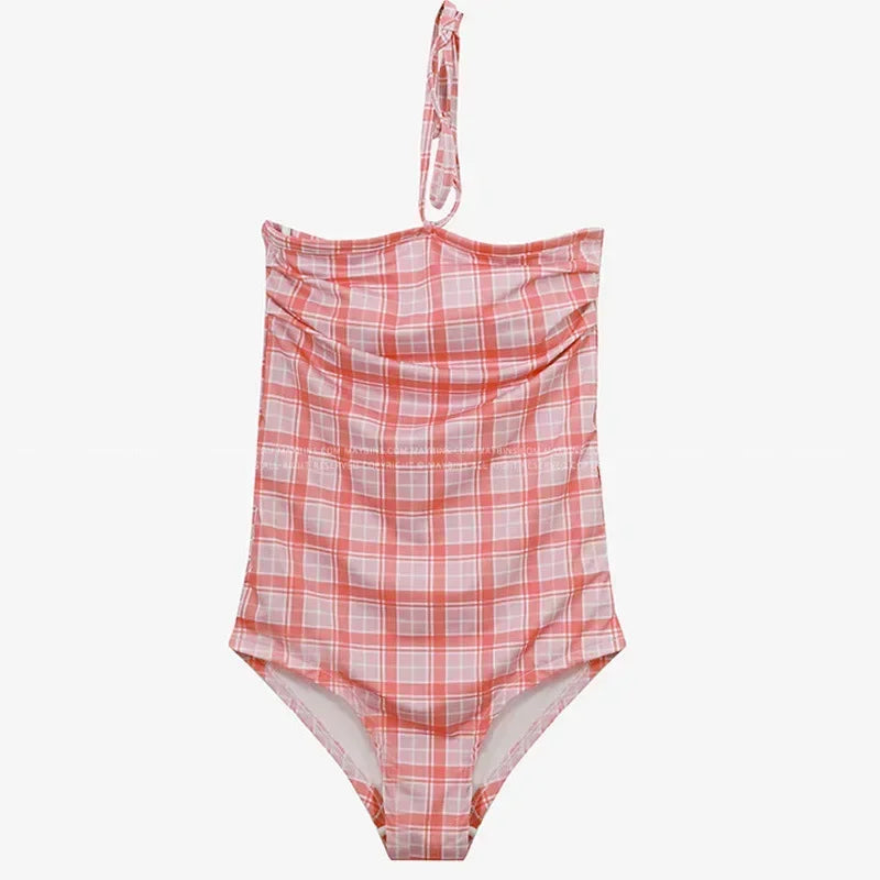 Plaid Push Up Backless One Piece Swimsuit