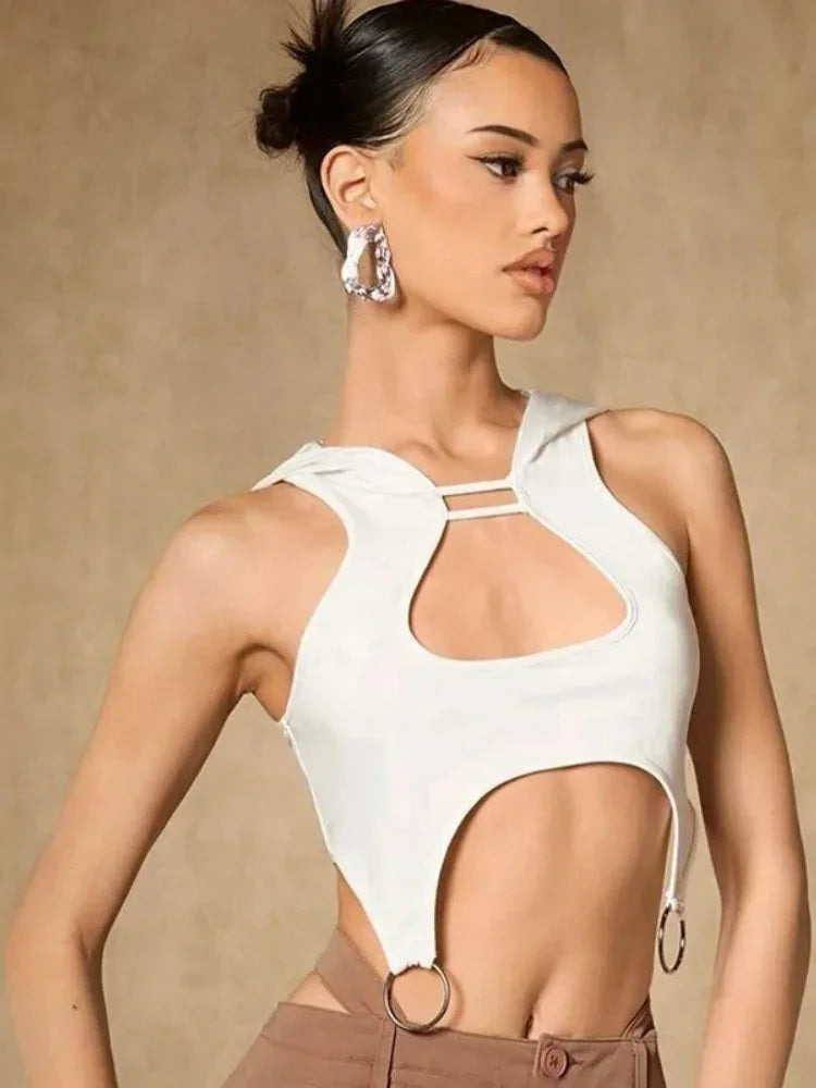 Y2K White Hooded Hollow Out Crop Tank Top