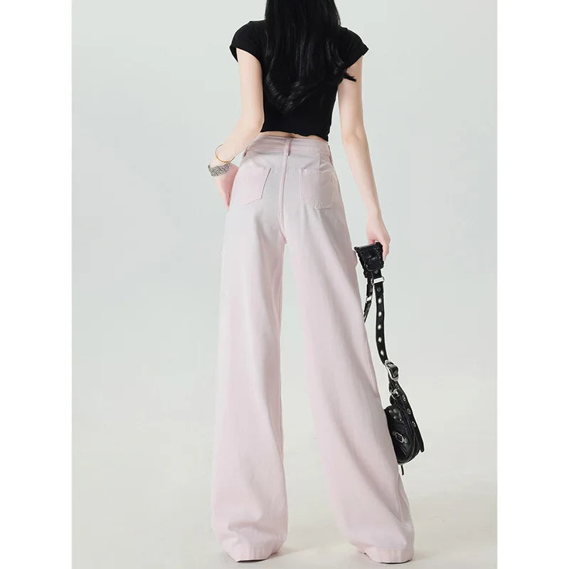 Retro High Waist Wide Leg Denim Cotton Jeans For Women