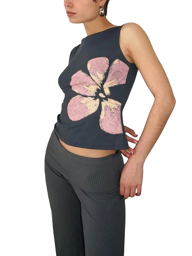 Floral Print Crop Tank Top For Women Fitted Boat Neck Sleeveless