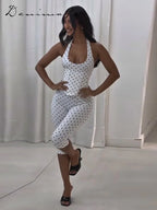 Chic Polka Dot Two Piece Set With Halter Lace Up Corset Top And Cropped Pants Y2K Inspired Outfit