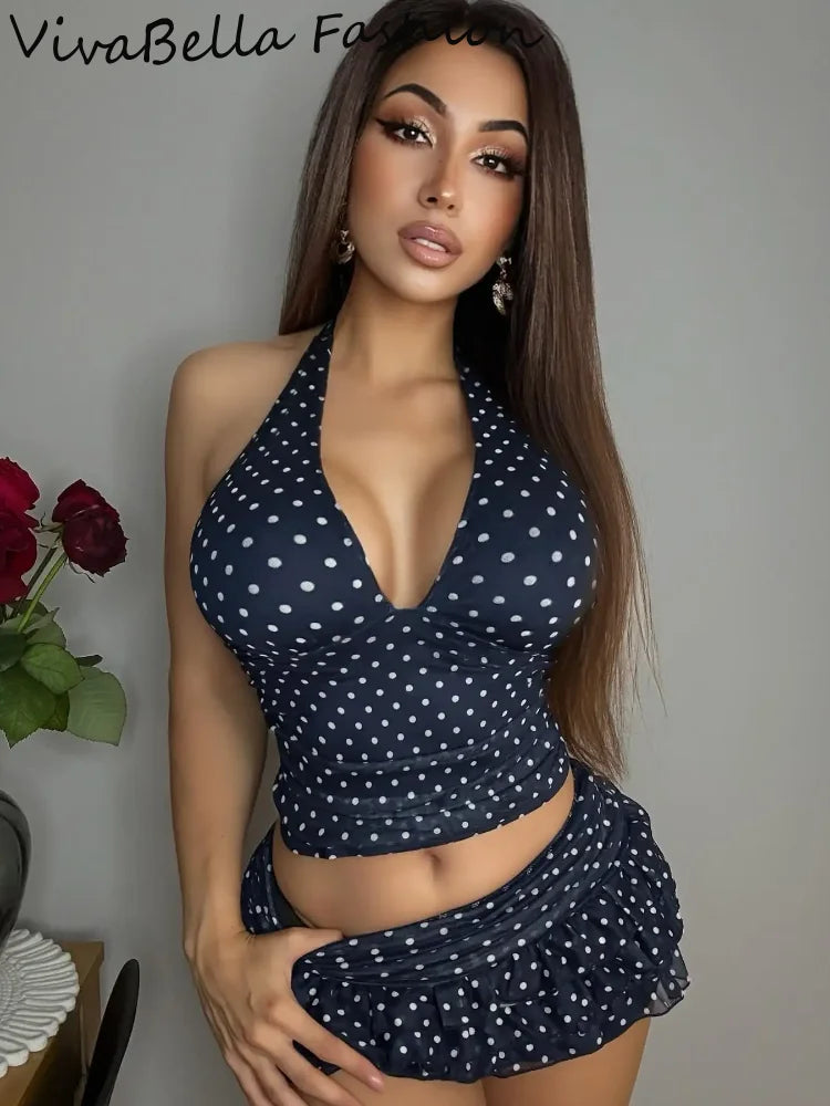 Polka Dot V Neck Halter Top Set With High Waist Ruffle Hem Mini Skirt