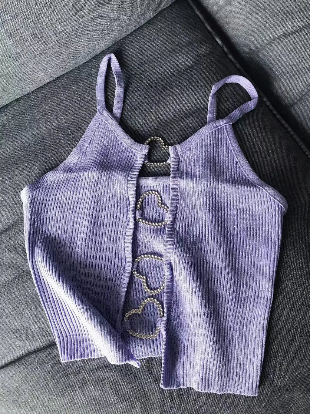 Ribbed Crop Top With Sleeveless Back Heart Decor Cami