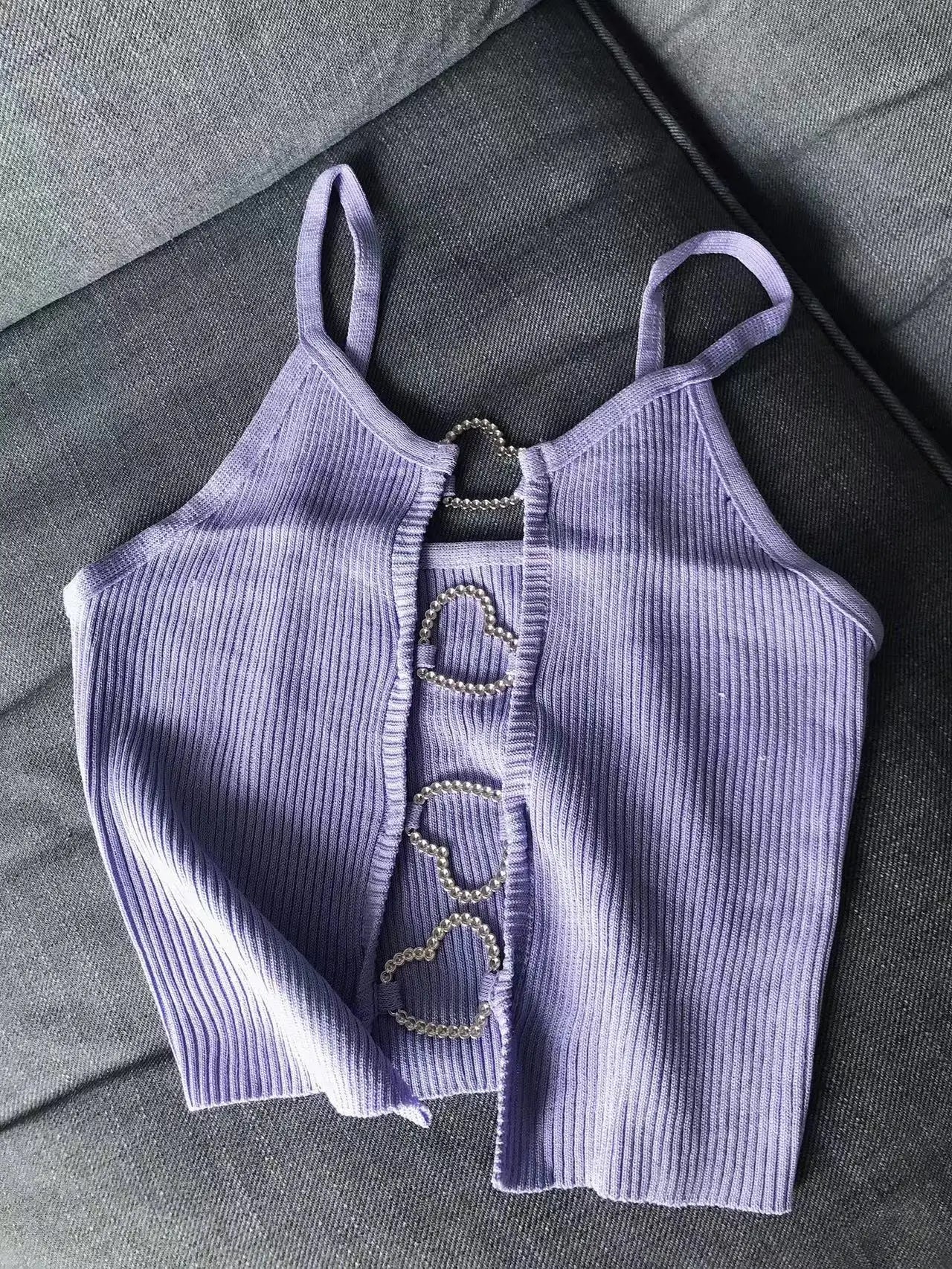 Ribbed Crop Top With Sleeveless Back Heart Decor Cami