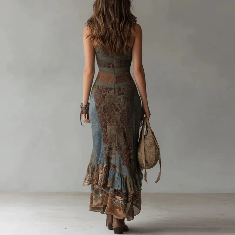 One Shoulder Boho Maxi Dress With Retro Print And Ruched High Split
