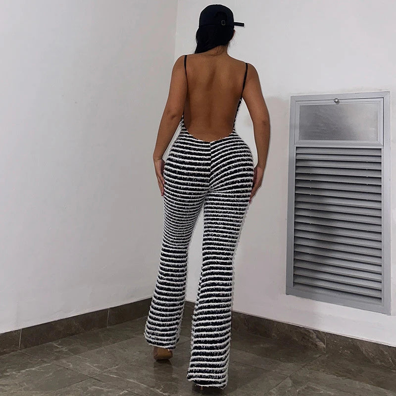 Backless Striped Jumpsuit With High Waist Flare Legs