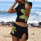 Floral Mesh Beach Cover Up Set With Crop Top And Mini Skirt In Sheer
