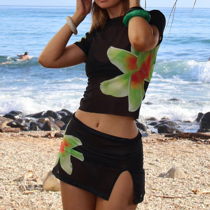 Floral Mesh Beach Cover Up Set With Crop Top And Mini Skirt In Sheer