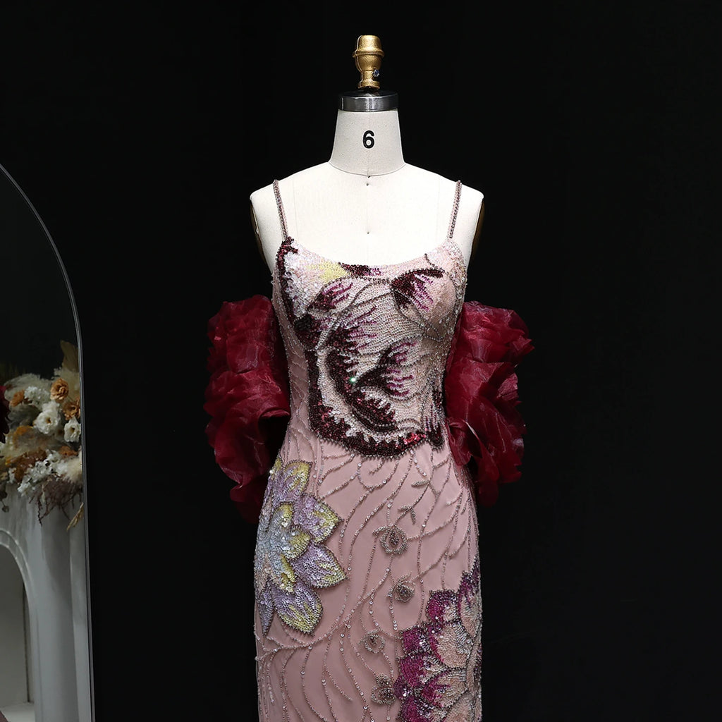 Elegant Pink Floral Beaded Evening Dress With Burgundy Shawl Cape For Women Party Gown