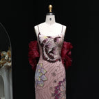 Elegant Pink Floral Beaded Evening Dress With Burgundy Shawl Cape For Women Party Gown