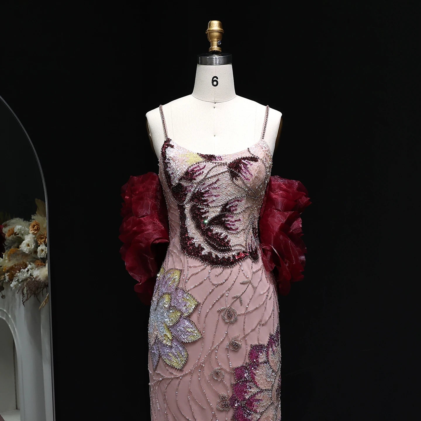Elegant Pink Floral Beaded Evening Dress With Burgundy Shawl Cape For Women Party Gown