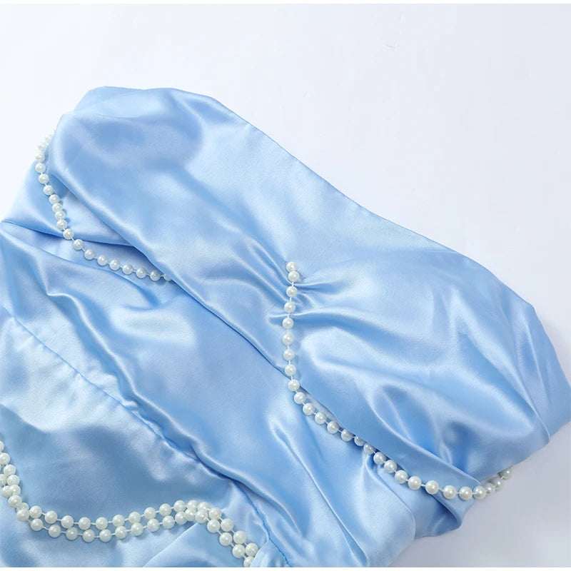 Blue Irregular Shawl Maxi Dress Slim Fit Pleated Turtleneck Elegant Evening