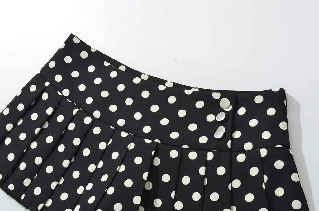 Black Polka Dot Pleated Mini With Shorts Lining Low Waist Skater Style Button Details