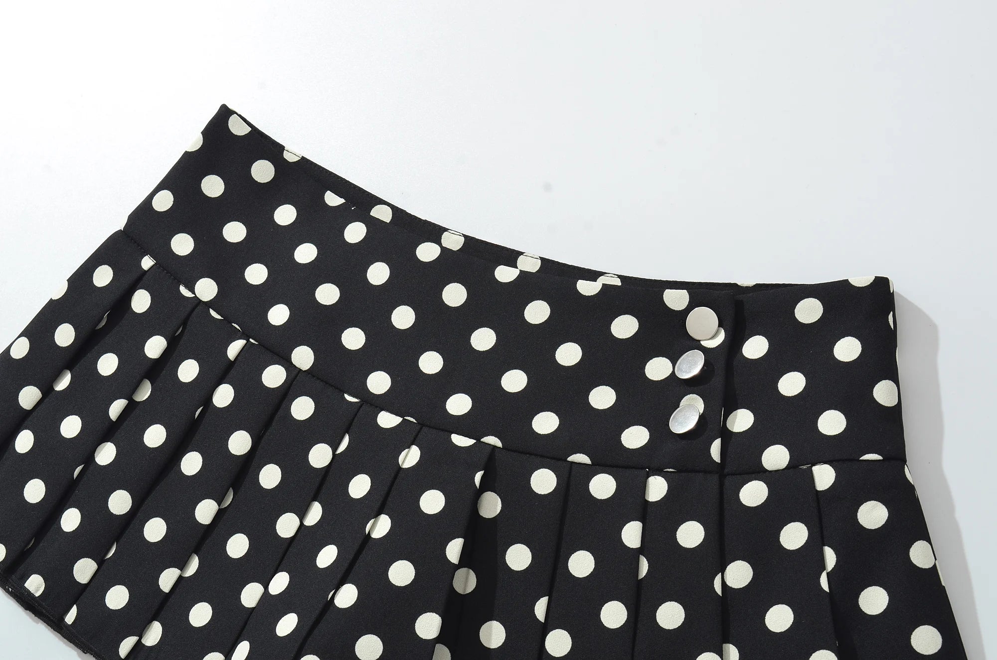Black Polka Dot Pleated Mini With Shorts Lining Low Waist Skater Style Button Details