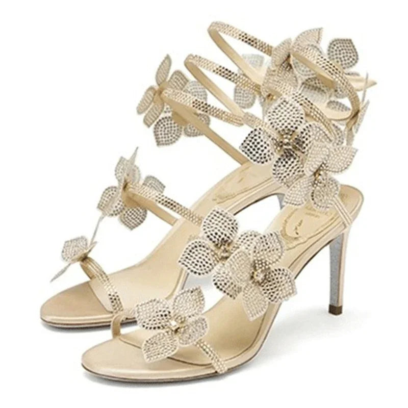 Crystal Flower High Heels With Ankle Strap Strappy Thin Sandals