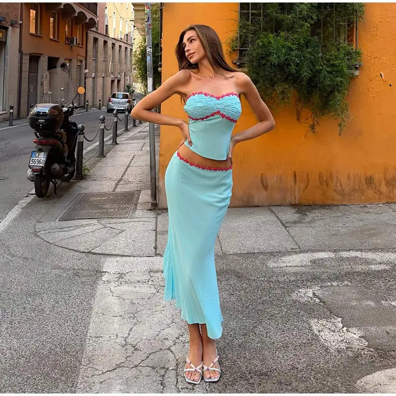 Delicate Lace Corset Cami And Midi Skirt Set Slim Fit Sleeveless Romantic Outfit