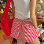 Vintage Kawaii Ruffles Lace Trim Striped Shorts With Drawstring For Cozy Cottagecore