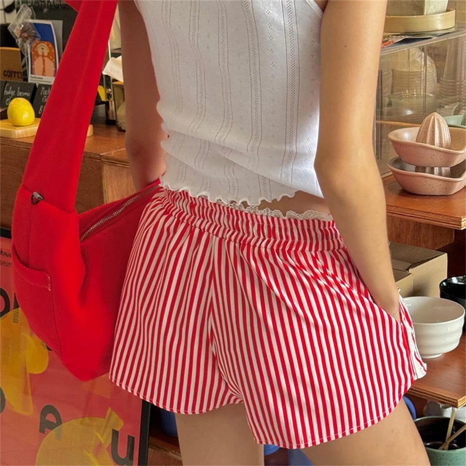 Vintage Kawaii Ruffles Lace Trim Striped Shorts With Drawstring For Cozy Cottagecore