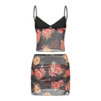 Floral Print Two Piece V Neck Cami Top With Elastic Waist Mini Skirt Set