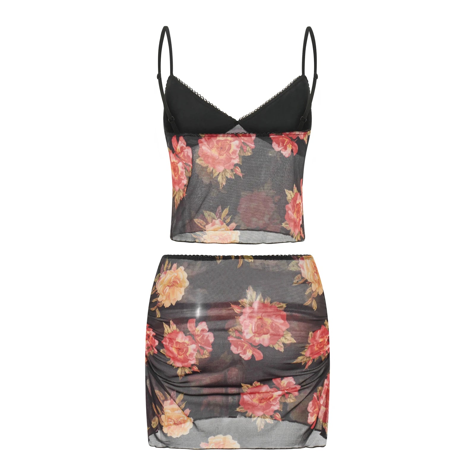 Floral Print Two Piece V Neck Cami Top With Elastic Waist Mini Skirt Set
