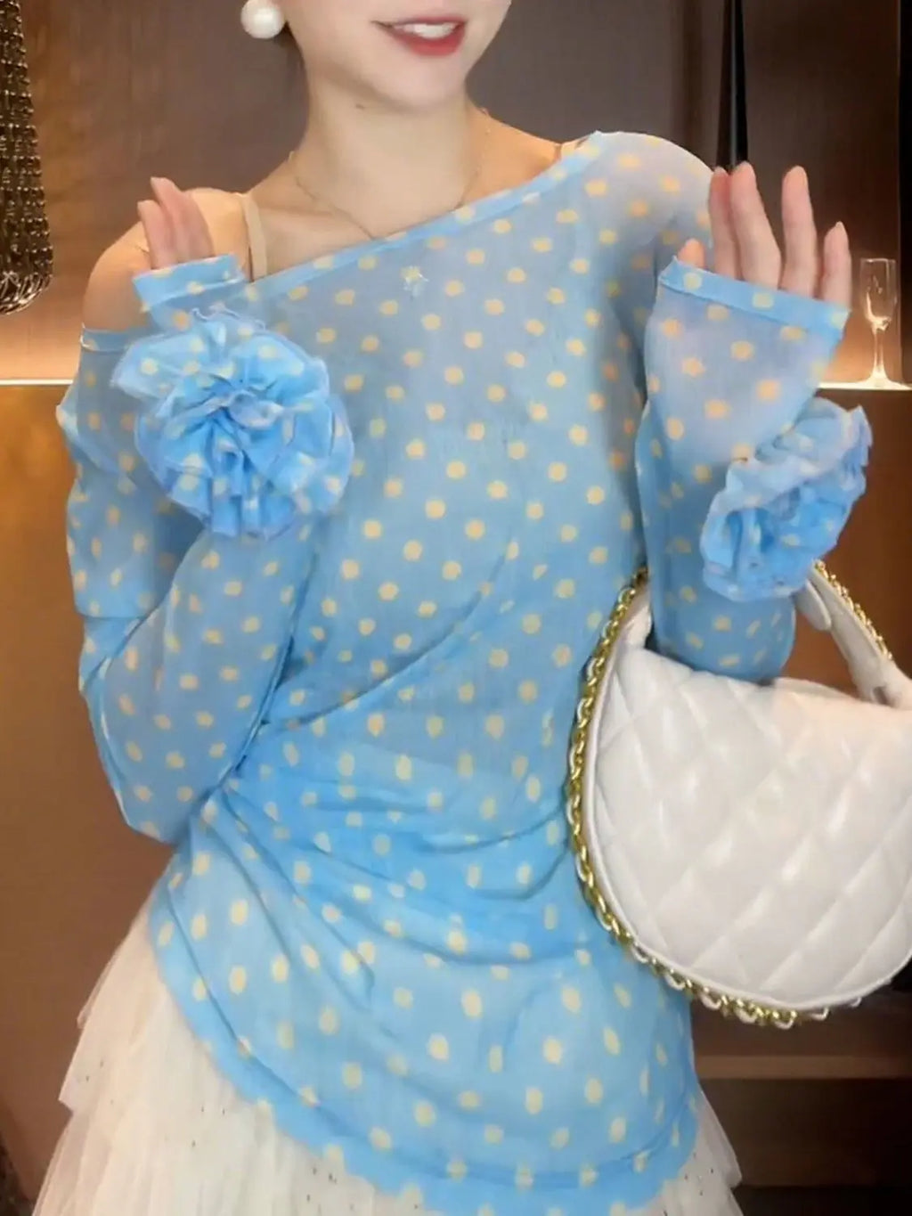 Breezy Ocean Blue Polka Dot Sheer Blouse With Long Sleeves And Boat Neck