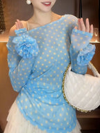 Breezy Ocean Blue Polka Dot Sheer Blouse With Long Sleeves And Boat Neck