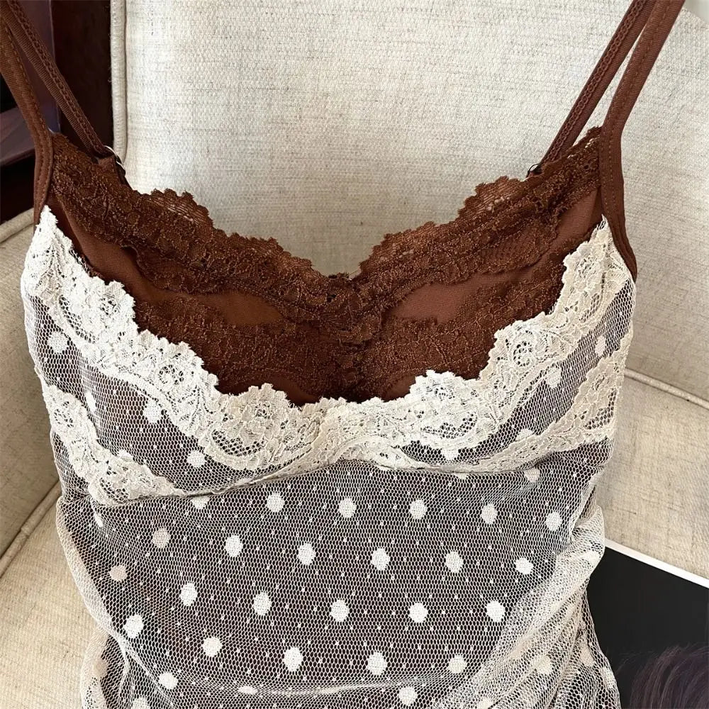 Lace Dots Wrapped Camisole With Pads Slim Fit Tank Top