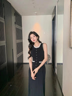 Floral Pearl Knit Maxi Dress Sleeveless O-Neck With Pleated Details