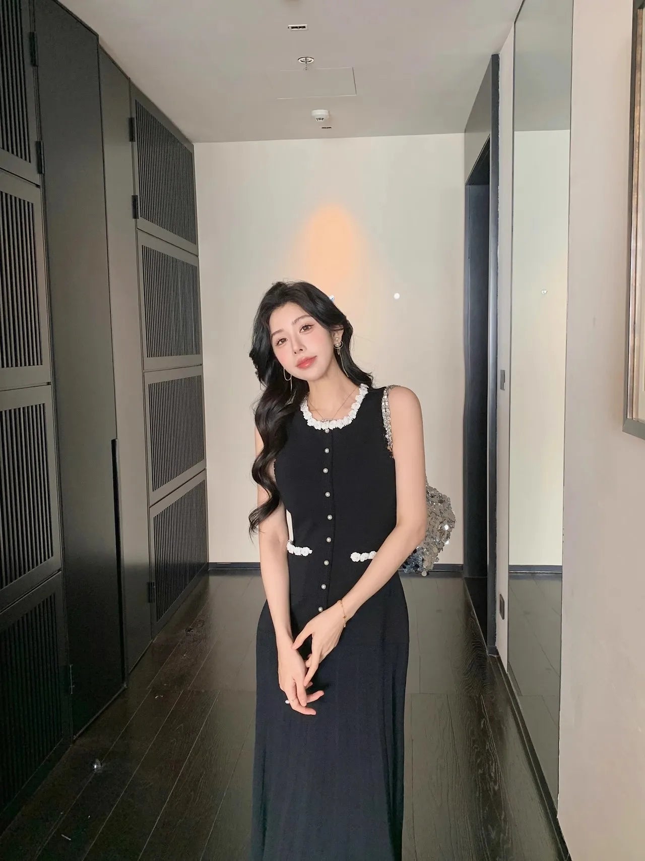 Floral Pearl Knit Maxi Dress Sleeveless O-Neck With Pleated Details