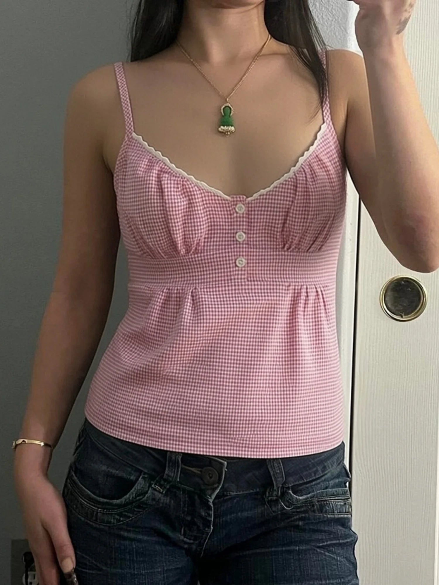 Fairy Grunge Plaid Camisole Top With Sweetheart Neck Spaghetti Straps