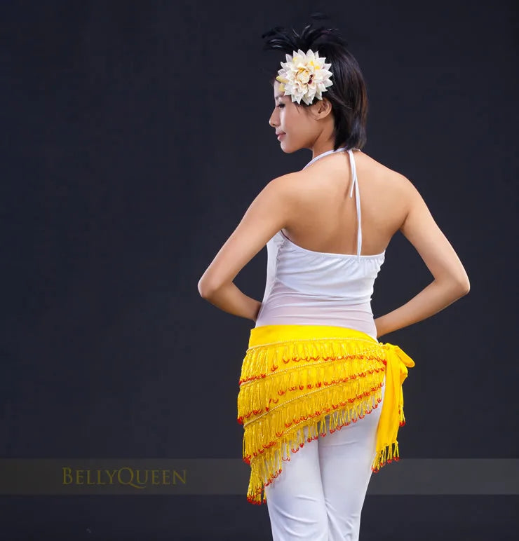 Handmade Beaded Belly Dance Hip Scarf With Lace Up Chiffon Base Fringes Belt
