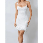 Flirty Lace Mini Dress With Spaghetti Straps And Ruched Bodice